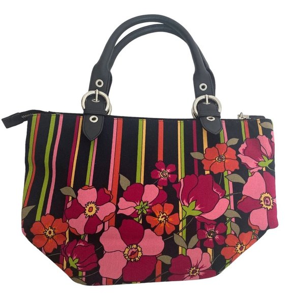 Talbots Floral Stripe Satchel - Black and Pink - Picture 2 of 15